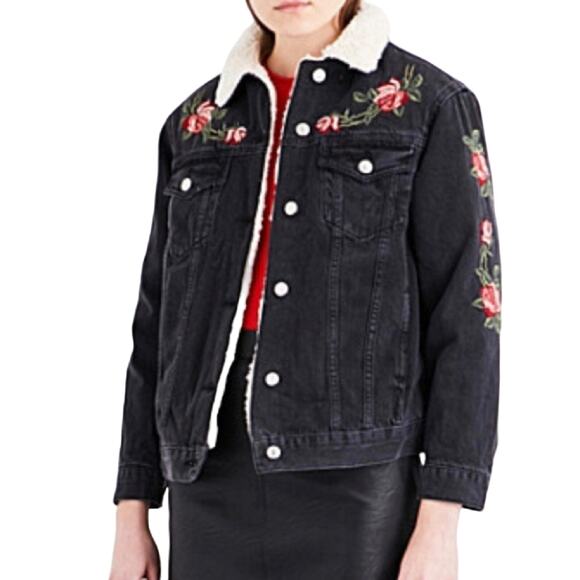 Topshop Jackets & Blazers - Topshop Moto Black Denim Jacket Sherpa Lined Embroidered Roses Women's Size 6